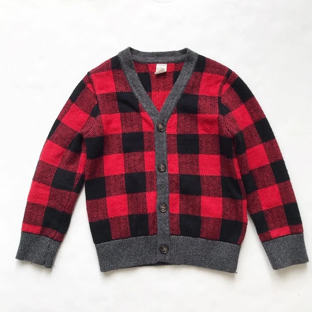BABygap red/black buffalo plaid wool blend cardigan VGUC 5T